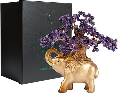 Amethyst Crystal Money Tree on Gold Mini Elephant Statue, 10”Gemstone Bonsai Tree of Life Home Décor Gifts for Wealth Positive Energy, Feng Shui Décor