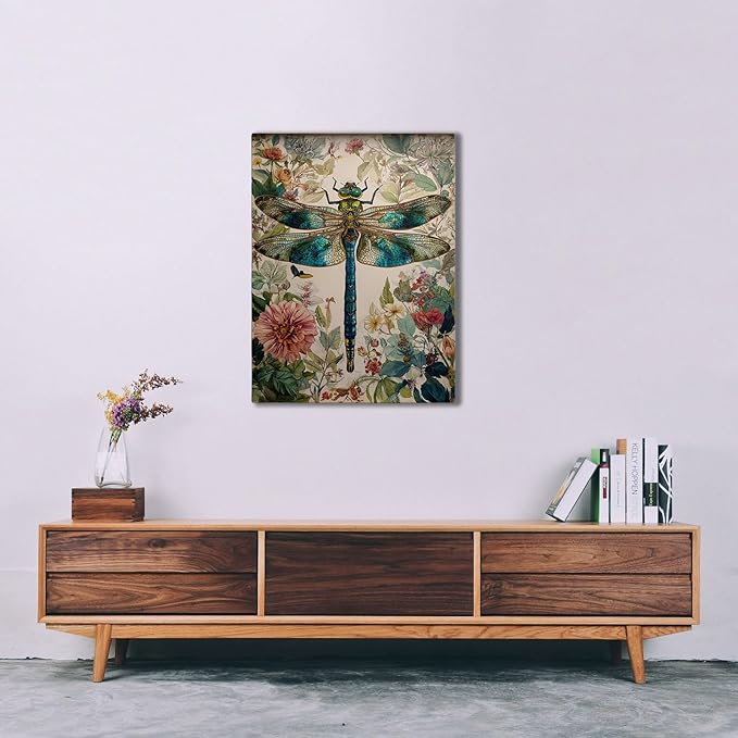 GDSRGXC Vintage Botanical Dragonfly Canvas Wall Art, Turquoise and Gold Insect Print with Floral Background, Nature Home Decor (12''x16'')