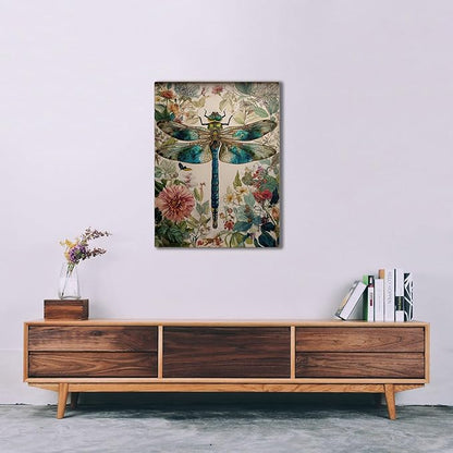 GDSRGXC Vintage Botanical Dragonfly Canvas Wall Art, Turquoise and Gold Insect Print with Floral Background, Nature Home Decor (16''x24'')
