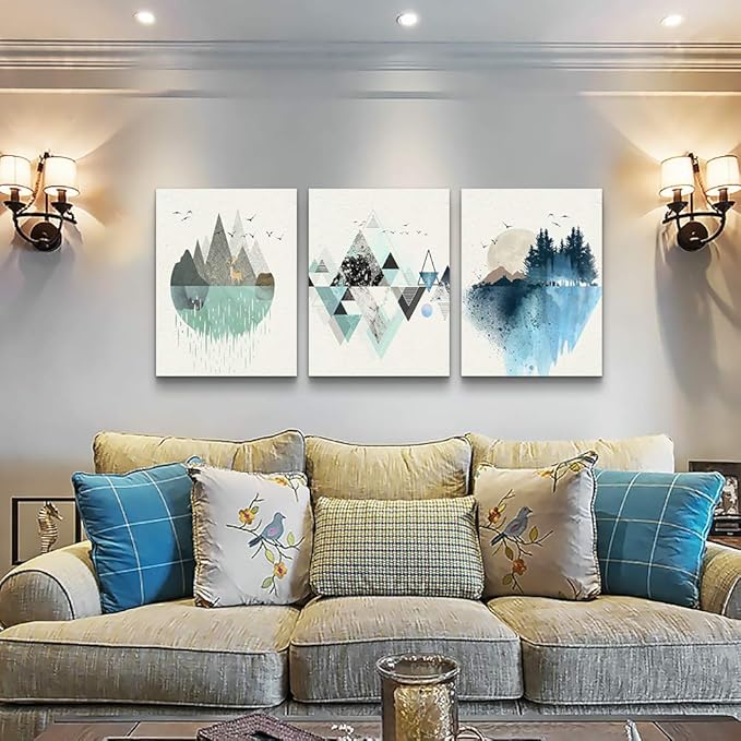 Canvas Wall Art Paintings For Living Room Large Size Abstract Geometry Mountain In Daytime Canvas Prints Artworks Pictures Bedroom Decoration,20 X 28 inches 3pcs Home Bathroom Wall Decor Posters