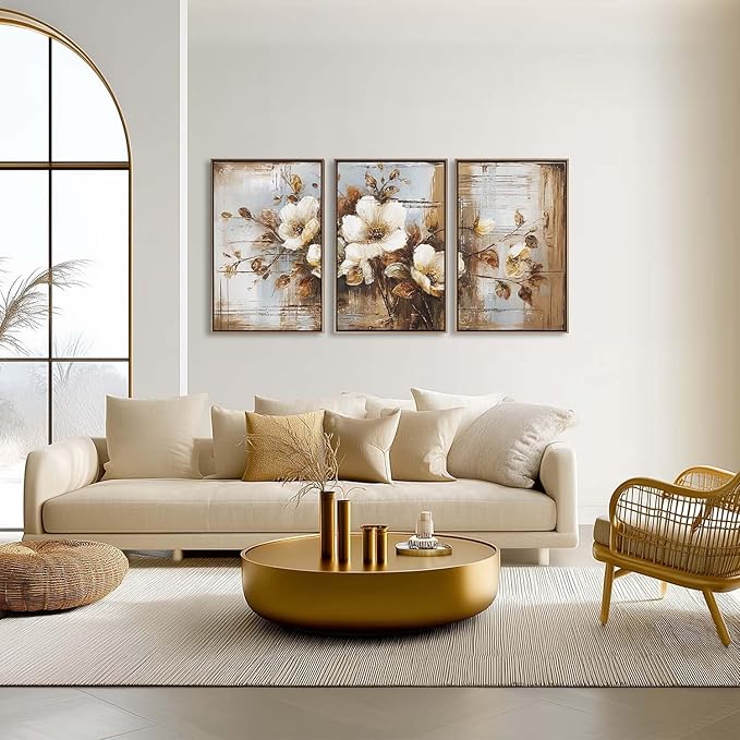 YCJKJDZ Framed Dark Floral Canvas Wall Art Set of 3, Neutral Fall Plant Bohemian Vintage Moody Flower Wall Decor Artwork for Farmhouse Bedroom Living Room Office, 16x24 inches