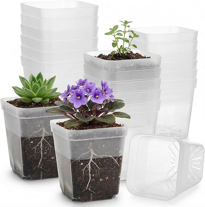 60 Pcs Clear Square Nursery Pots 4 Inch, Reusable Seedling Pots with Drainage Holes, Transparent Small Plant Potting Pot Containers for Seedlings Microgreens, Flowers, Indoor Gardening