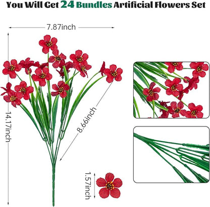 Lnoicy 24 Pcs Artificial Flowers for Outdoor,Plastic Flowers Decoration, UV Resistant Faux Flowers Shrubs, Artificial Plants for Indoor Outside Garden Home Wedding Farmhouse(Red)