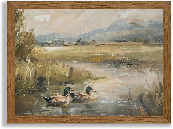 Wojuin Vintage Country Cottage Green Head Duck Wall Art, Scenic Wildlife Pond Nature Wall Decor, Wild Duck Floral Literary Canvas Print Picture for Living Room Bedroom Bathroom Office 16x24 in