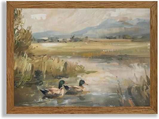 Wojuin Vintage Country Cottage Green Head Duck Wall Art, Scenic Wildlife Pond Nature Wall Decor, Wild Duck Floral Literary Canvas Print Picture for Living Room Bedroom Bathroom Office 16x24 in