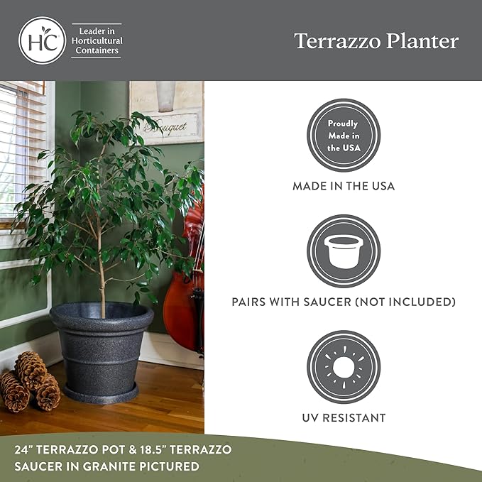 The HC Companies Terrazzo Large Round Plastic Plant Pot w/Rolled Rim - Lightweight & UV Resistant Gardening Pot for Herbs & More - Outdoor & Indoor Plant Pots w/Drainage (20”, Granite, Pack of 2)
