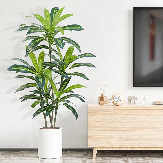 4Ft Dracaena Plant Artificial Tree Fake Tropical Floor Plants Potted (Real Touch) Artificial Silk Tree Leaf Faux Trees Black Tall Planter for Home Office Living Room Indoor Outdoor Decor（2Pack）