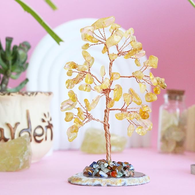 Citrine Healing Crystal Tree of Life Natural Gemstone Agate Slice Base Copper Wire Wrapped Money Trees Feng Shui Reiki Spiritual Energy Decorations Home Office Room Desk Decor Gifts for Women Men