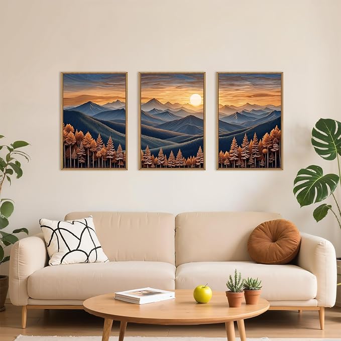 HOURIA Boho Wilderness Sunset Woodland Mountain Framed Canvas Wall Art Set,Vintage Golden Hour Forest Landscape Decor,Natural Modern Pine Tree Botanical Artwork for Living Room,Farmhouse-24 x36 x3