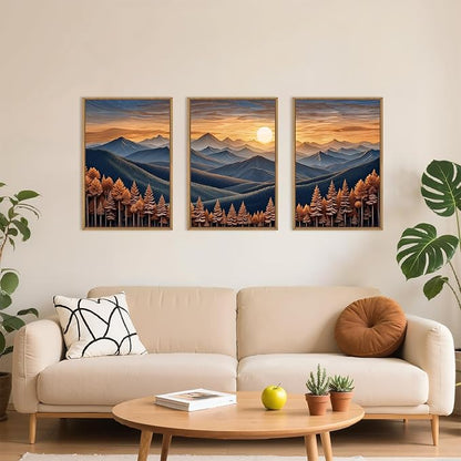 HOURIA Boho Wilderness Sunset Woodland Mountain Framed Canvas Wall Art Set,Vintage Golden Hour Forest Landscape Decor,Natural Modern Pine Tree Botanical Artwork for Living Room,Farmhouse-24 x36 x3