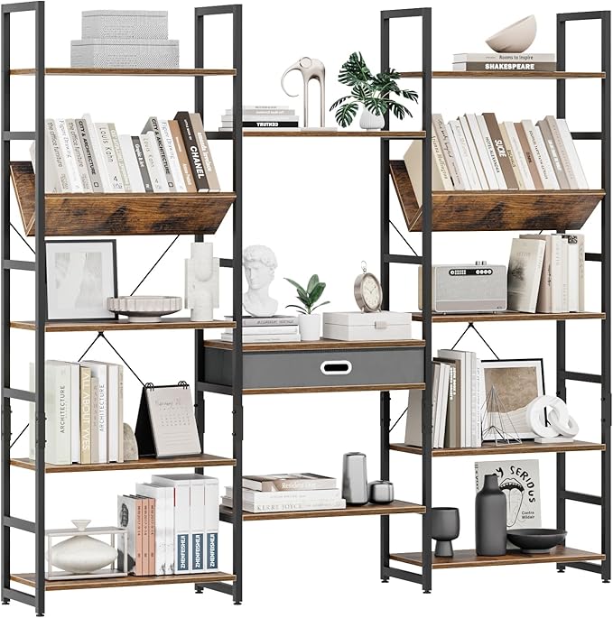 OTK Triple Wide 5 Tier Bookshelf, Adjustable Bookcases with 14 Open Display Shelves, Rustic Industrial Style Bookshelves for Bedroom, Living Room and Home Office, Rustic Brown