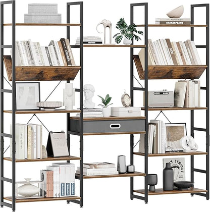 OTK Triple Wide 5 Tier Bookshelf, Adjustable Bookcases with 14 Open Display Shelves, Rustic Industrial Style Bookshelves for Bedroom, Living Room and Home Office, Rustic Brown