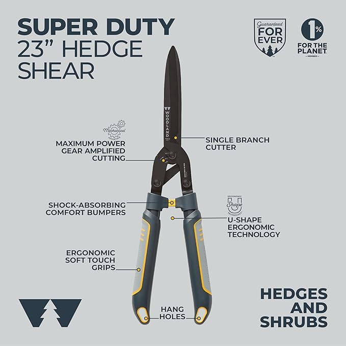 Woodland Tools Super Duty Hedge Shears, 23 Inch Manual Hedge Clippers with 10 Inch Gear-Assist Blades, Power Notch, and Non Stick Coating, Heavy Duty Trimmer for Thick Shrubs and Hedges