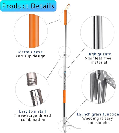 YYMIYU 52" Stand Up Weed Puller Tool – 4-Claw Stainless Steel Weeder with Grass-Pushing & Weed-Ejection Design – Heavy-Duty 0.8mm Steel Handle for Effortless Root Removal