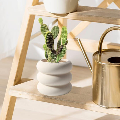 Ceramic Plant Pot Indoor, 4.5 Inch Beige Unglazed Flower Pot with Drainage Hole, Small Bubble Design Ceramic Planter for Home & Office Decor
