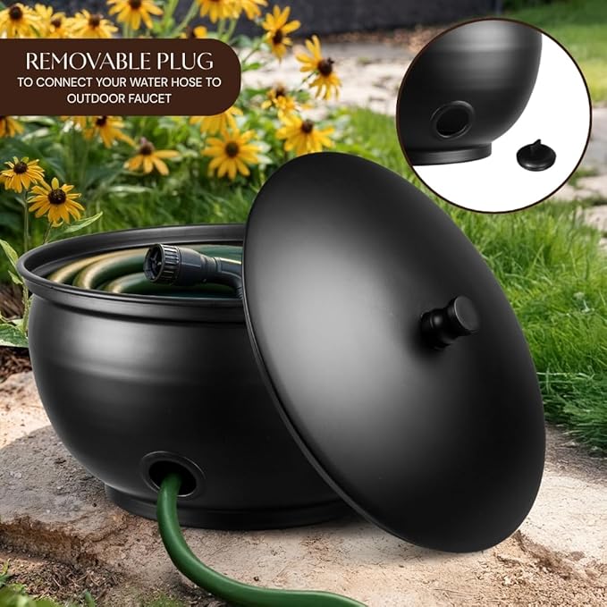 Monarch Abode Garden Hose Holder with Lid – Decorative Water Hose Holders for Outside, Smooth Metal Matte Black Pot with Drainage, 100ft Waterhose Holder for Outside, Garden Storage Caddy