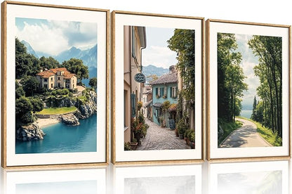Large Vintage Italy City Coast Framed Canvas Wall Art,Modern French Country Street Wall Decor,Natural Town Tree Landscape Artwork for Living Room,Dining Room,Office -16"x24"x3