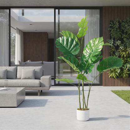 4FT Artificial Monstera Plant - Realistic Fake Tropical Palm Tree for Home Decor - Large Faux Monstera Deliciosa with Bendable Stems - Indoor Outdoor UV Resistant
