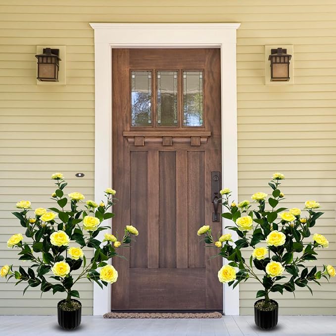 WAYNHUI Tall Artificial 2Pack Yellow Camellia Tree Potted Bushes UV Resistant Potted Plants for Indoor Outdoor Home Garden (2Pack Yellow Camellia Tree), xyc-2