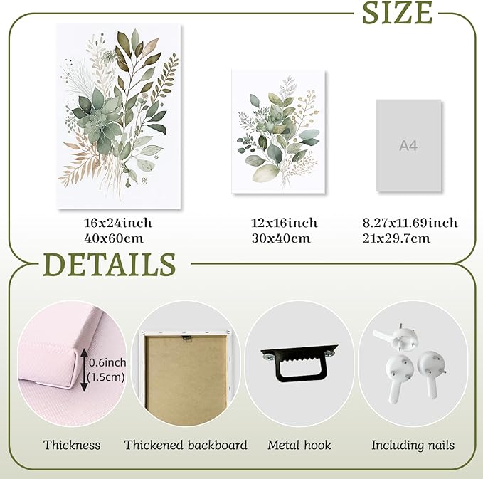 LLEEMPI Framed Sage Green Wall Art Set of 3, Modern Watercolor Botanical Wall Decor, Eucalyptus Leaf Canvas Painting, Classic Minimalist Florals Poster Print for Bedroom Bathroom Office 16x24 Inch