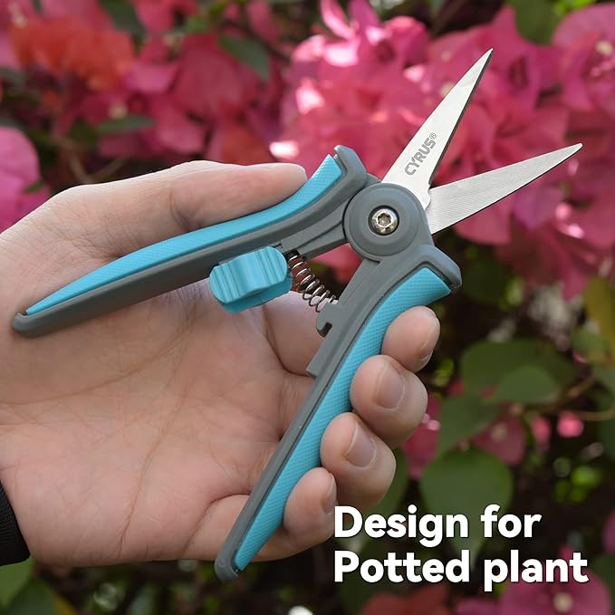 CYRUS 6”Garden Scissors Small Pruning Shears with Straight Blades,Hand Pruners for gardening,Micro-tip Floral Flower Shears Stainless Steel,Blue