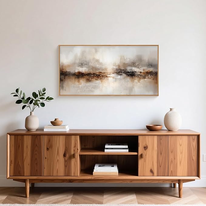 Large Abstract Brown Framed Canvas Wall Art,Neutral Brush Stroke Wall Decor,Modern Beige Gray Painting,Minimalist Textured Artwork for Living Room,Bedroom,Dining Room,Office -20"x40"x1