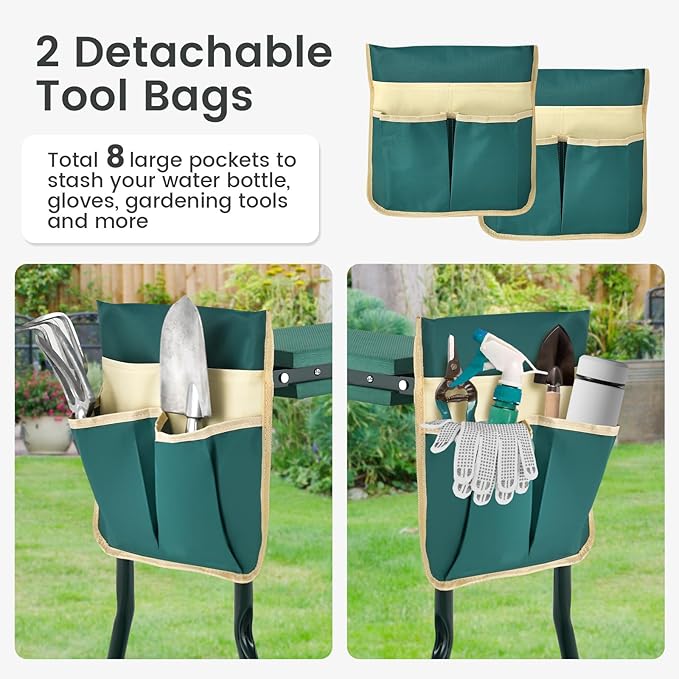 Giantex Garden Kneeler & Seat, Folding Gardening Stool, Portable Garden Bench with EVA Foam Pad, Heavy-Duty Metal Frame, Gardening Gift for Women Men Seniors (Holds 330 LBS) (with 2 Bags)
