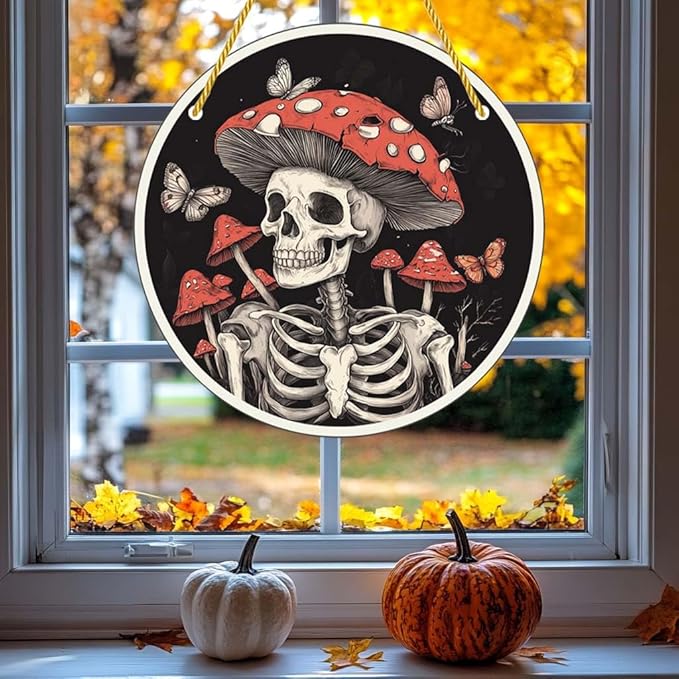 Acrylic Window Hanging Mushroom Skull Stained Panel Window Decoration for Halloween Decorations Outdoor Indoor Garden Yard Home Halloween Decor 12 Inch