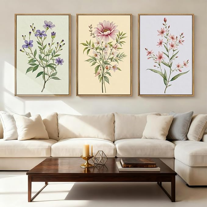 Floral Wall Art Wildflower Wall Decor Framed Botanical Painting 16x24 Inch Set of 3 for Living Room Bedroom Dining Room