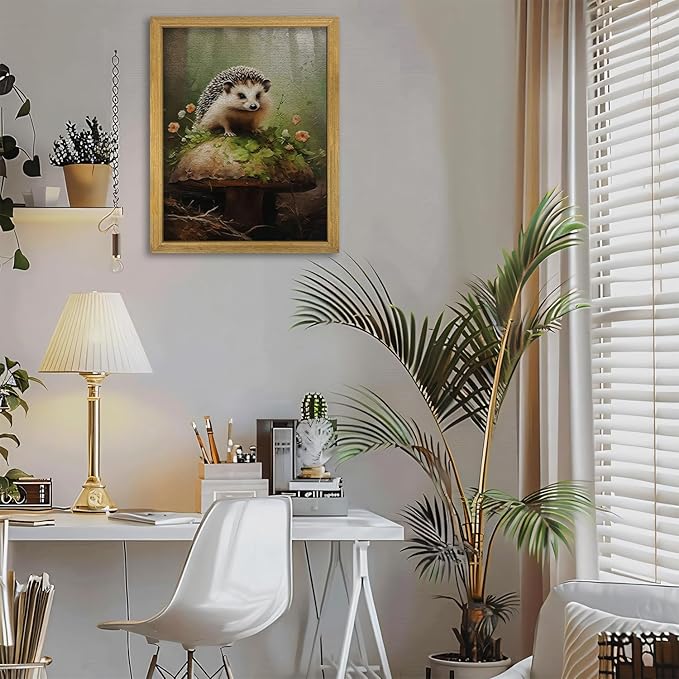 SAMHOU Framed Hedgehog Decor Painting, 3D Textured Hand Drawn Sandstone Wall Art, Vintage Rustic Woodland Cottagecore Wall Decor, Cute Animal Nursery Print Oil Paintings 16''x24''