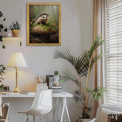 SAMHOU Framed Hedgehog Decor Painting, 3D Textured Hand Drawn Sandstone Wall Art, Vintage Rustic Woodland Cottagecore Wall Decor, Cute Animal Nursery Print Oil Paintings 16''x24''