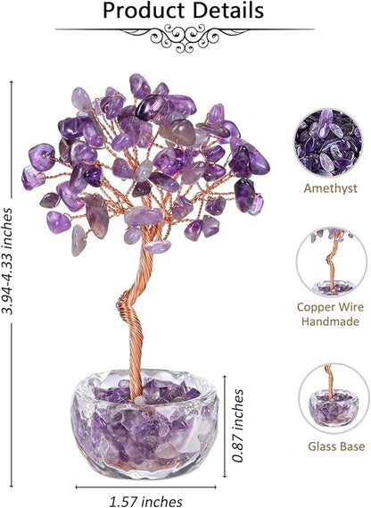 Jovivi Small Amethyst Crystals Tree, Natural Crystal Healing Stones Tree Glass Bowl Base Gemstone Money Trees Feng Shui Good Luck Home Desk Decor