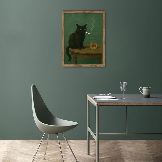Framed Moody Black Cat Wall Art, Dark Humor Wall Decor, Vintage Whiskey Cat Poster Canvas Print, Funny Black Cat Picture Artwork Decor for Living Room Bedroom Office – 12x16 inch