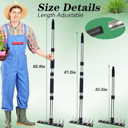 Thickened Version Stainless Steel Weeding Tool, 8 Tines Manual Weeder Rake, Garden Weed Puller Tool with Adjustable Length Handle, Weeder Rakes for Weeding Loosen The Soil and Collect Fallen