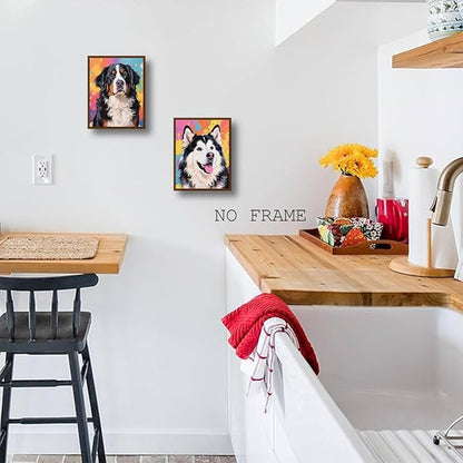 NIIORE Colorful Dog Canvas Wall Art, Pet Printing, Border Collie, Samoyed, Alaskan Malamute, Bernese Mountain Dog Prints, Set of 4, 8x10 Inches Unframed