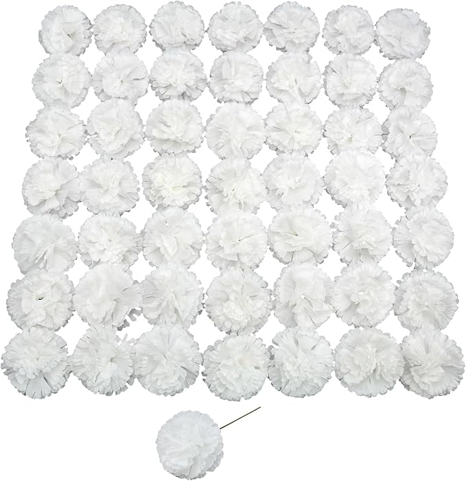 Silk Carnation Flower, 50 Artificial Flowers, Used for Wedding Decoration DIY Handmade Flowers, Carnation Flower Diameter 3.5 Inches and 6 Inches Stem (White)