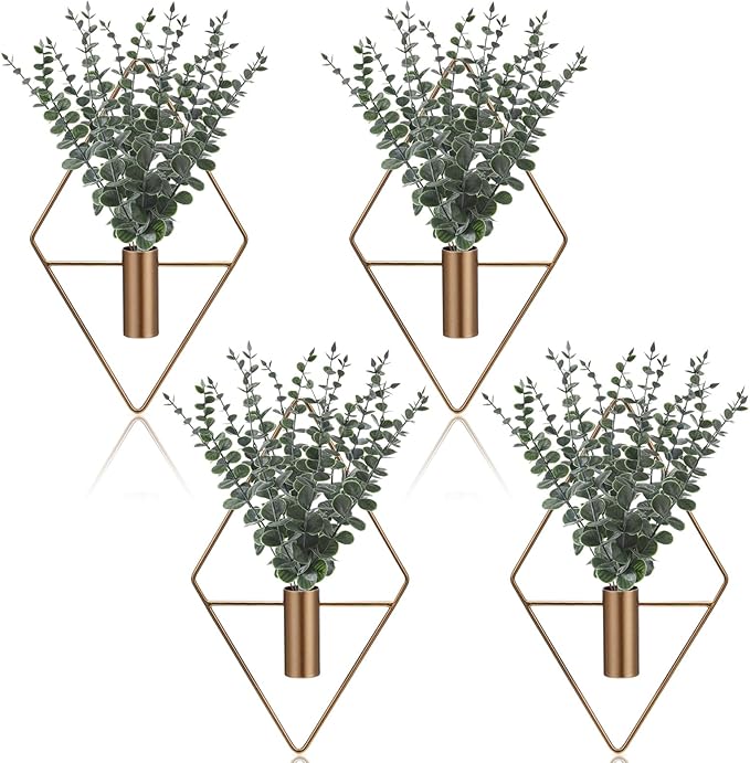 Jexine Hanging Planters with Artificial Eucalyptus Metal Hanging Vase Indoor Plants Holder Modern Geometric Boho Bathroom Wall Decor for Living Room Home Office (Bronze,8 Pcs)