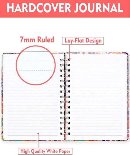 Spiral Journal Notebook for Women, Hardcover A5 College Ruled Notebook, 120 Pages, Thick Paper, Cute Lined Journal for School, Office & Work, 6 x 8.4 in(Red Orange Boho Floral)