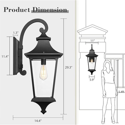 Emliviar 29.3 Inch Trendy Outdoor Wall Sconce, Large Exterior Wall Light for Porch Patio, Clear Glass in Black Finish, XE292B-L BK
