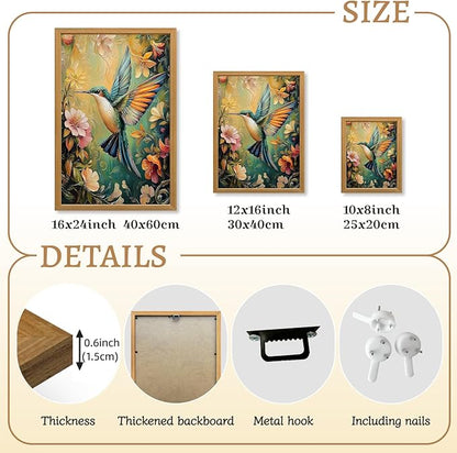 LLEEMPI William Morris Wall Art, Vintage Bird Floral Wall Decor, Hummingbird Flower Canvas Painting, Colorful Nature Botanical Aesthetic Picture for Living Room Bedroom Kid Room Wood Framed 12x16 inch