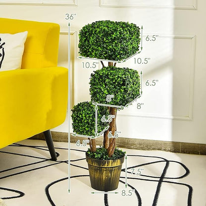 Goplus 36” 2 Pack Artificial Triple Square Shaped Boxwood Topiary Tree W/Cement-Filled Plastic Pot, Fake Plant Faux Greenery Plant Indoor & Outdoor Decoration for Home Office Garden Patio Entrance