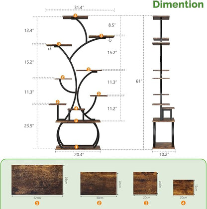 VINGLI 61" Tall Plant Stand with Grow Light, 10-Tier Indoor Plant Shelf with LED Light Strips, Tree-Shaped Metal Rack for Indoor Growing, Black