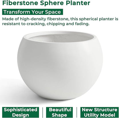 Fiberstone Sphere Planter, 15.8" Dia Round Flower Pot with Drainage Hole and Removable Plug, Plant Pot for Indoor Outdoor Use, 11.8" Opening-10.9" H Medium, White