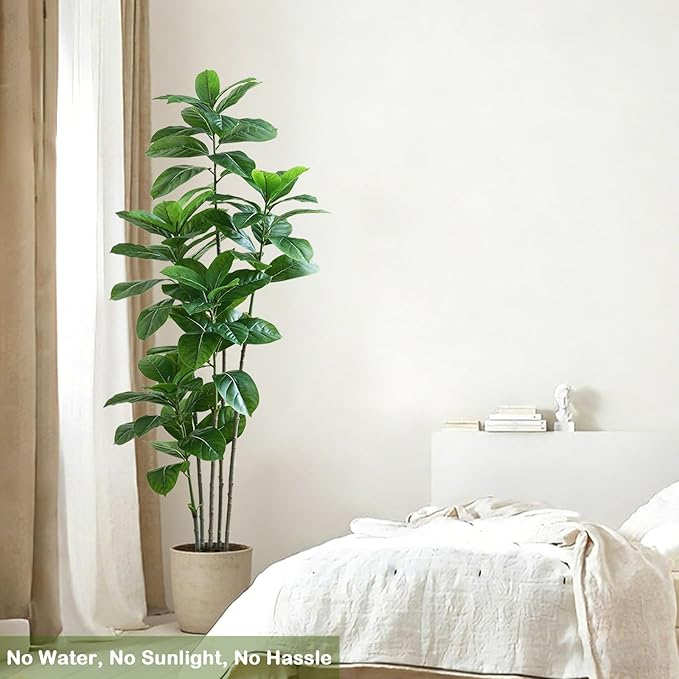 Ficus Tree Artificial Plants Indoor, 6FT Tall Fake Trees in White Pot, Large Potted Silk Floor Plant Artificial Trees, Green Lifelike Faux Ficus Tree for Home Room Office Porch Decor-Green