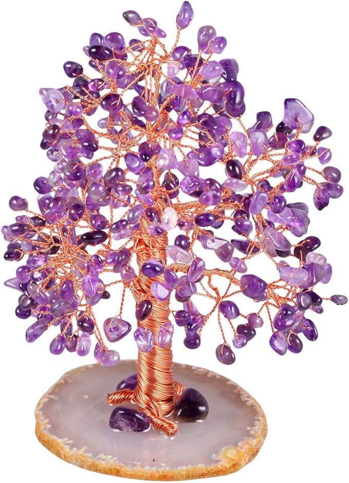 mookaitedecor Natural Amethyst Crystal Tree with Agate Slice Geode Base Money Tree Desk Home Decoration for Wealth and Luck 5"-6"