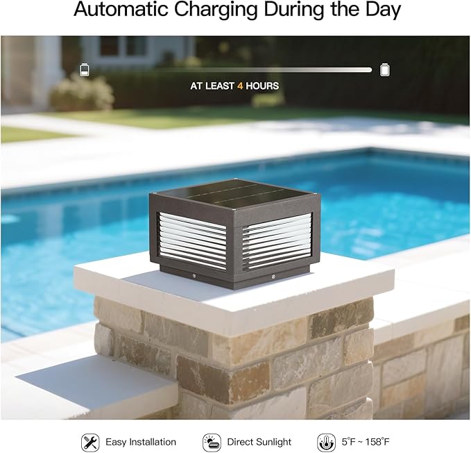Solar Post Lights 9.84" Outdoor Pillar Lamp, Modern Column Cap Light IP54 Waterproof Led Fence Deck Gate Lantern Patio Landscape Lighting for Outside Yard Garden Entrance Driveway Decor