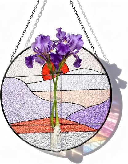 Stained Glass Propagation Stations - Sunshine Catcher Window Hanging Plant Holder, Terrariums Wall Decor for Women Mom Plant Lovers Christmas Gardening Gifts, Red