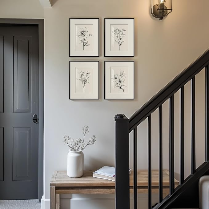 Framed Black and White Botanical Wall Art for Room Decor, 4 Piece Vintage Minimalist Floral Bathroom Painting Print, Farmhouse Rustic Artwork for Bedroom Living Room Fireplace Hallway Walls, 11x14 In