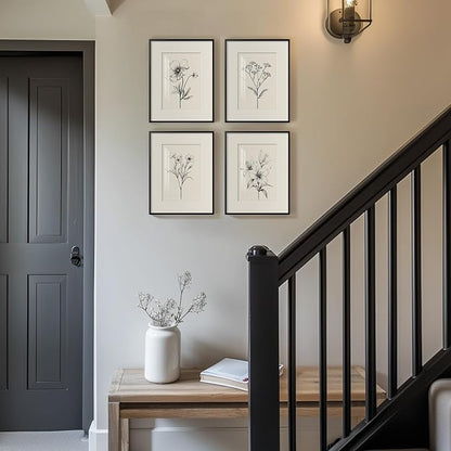 Framed Black and White Botanical Wall Art for Room Decor, 4 Piece Vintage Minimalist Floral Bathroom Painting Print, Farmhouse Rustic Artwork for Bedroom Living Room Fireplace Hallway Walls, 11x14 In
