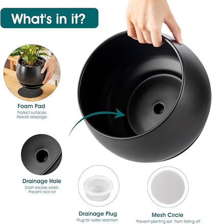 vancasso 3-Pack Ceramic Plant Pots, 7.3/9.6/11.6 Inch Indoor Planters with Saucers & Drainage Hole Planter pots for Indoor Plants and Flower, Black